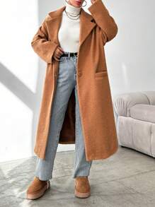 EURMUSE Lapel Neck Dual Pocket Drop Shoulder Overcoat - Camel - View 6