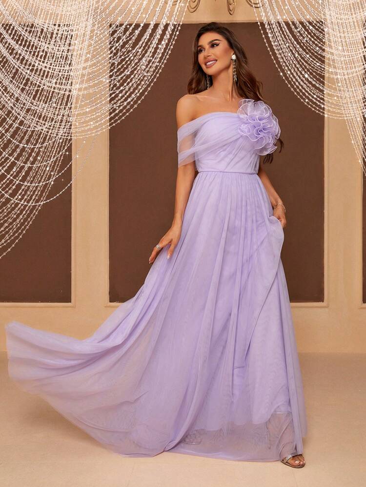 Open Shoulder 3D Flower Evening Dress