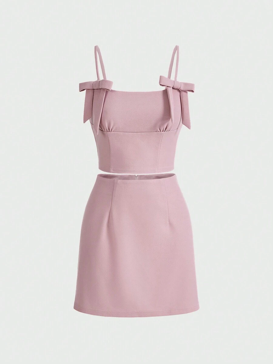 SHEIN MOD Solid Bow Detail Cami Top & Skirt - Pink - View 1