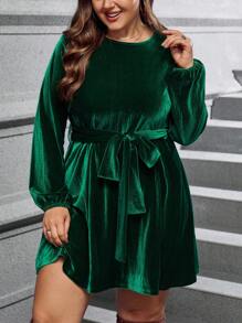 SHEIN LUNE Váy nhung trơn tay đèn lồng cỡ lớn có thắt lưng - màu xanh lá - Xem 6