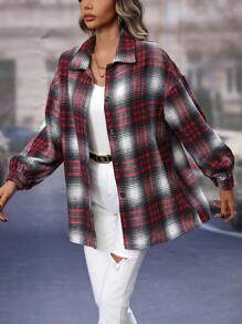 SHEIN LUNE Plaid Print Drop Shoulder Coat - Red - View 3