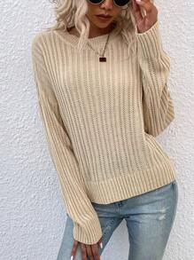 SHEIN Frenchy Thả vai Đồ đan Ribbed Áo len - Màu be - Xem 5