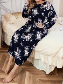 Plus Size Women's Comfortable Floral Printed Pajama Dress, Can Be Worn Outside, Long Dress