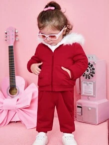 SHEIN Đứa bé gái Trang trí Fuzzy áo có mũ Nhiệt Áo khoác & Quần nỉ - Đỏ - Xem 1