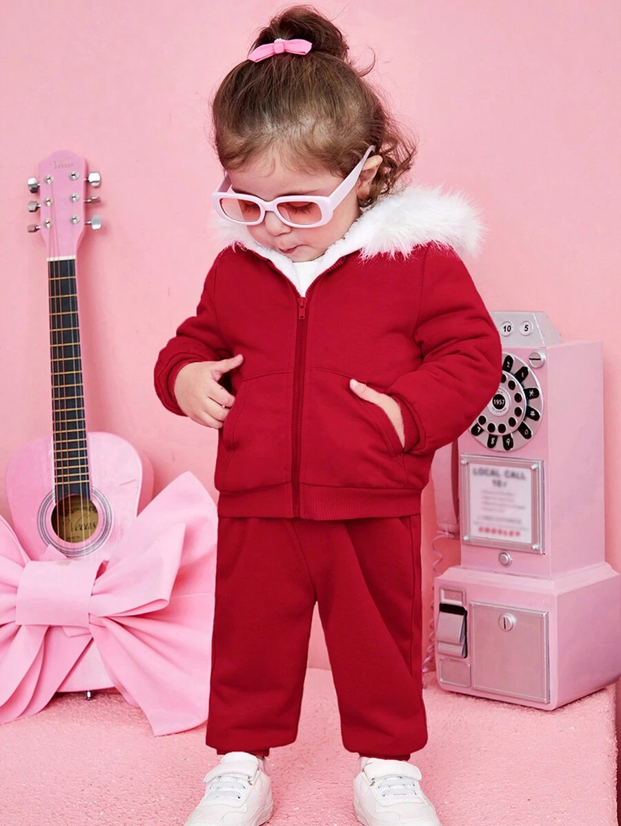 SHEIN Đứa bé gái Trang trí Fuzzy áo có mũ Nhiệt Áo khoác & Quần nỉ - Đỏ - Xem 1