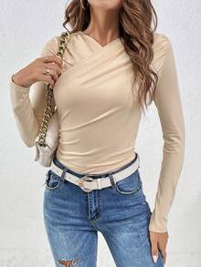 SHEIN Frenchy Chất rắn Chi tiết Ruched Viền ven Áo thun - Màu be - Xem 3
