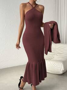Chiquease Mermaid Style Hem Halter Neck Sweater Dress And Cardigan - Burgundy - View 6