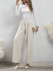 SHEIN Privé High Waist Plicated Detail Wide Leg Suit Pants - Apricot - View 3
