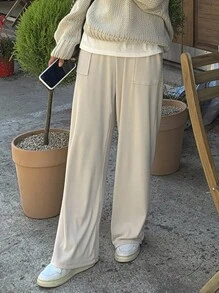 DAZY Chất rắn Túi nghiêng Quần ống rộng - Màu be - Xem 5