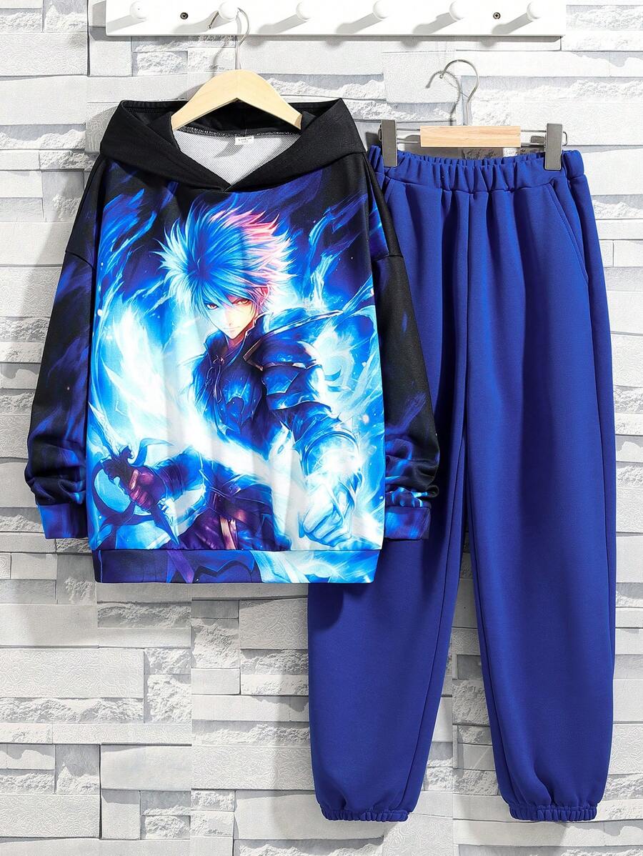 SHEIN Tween Boy Figure Print Hoodie & Sweatpants - Multicolor - View 1