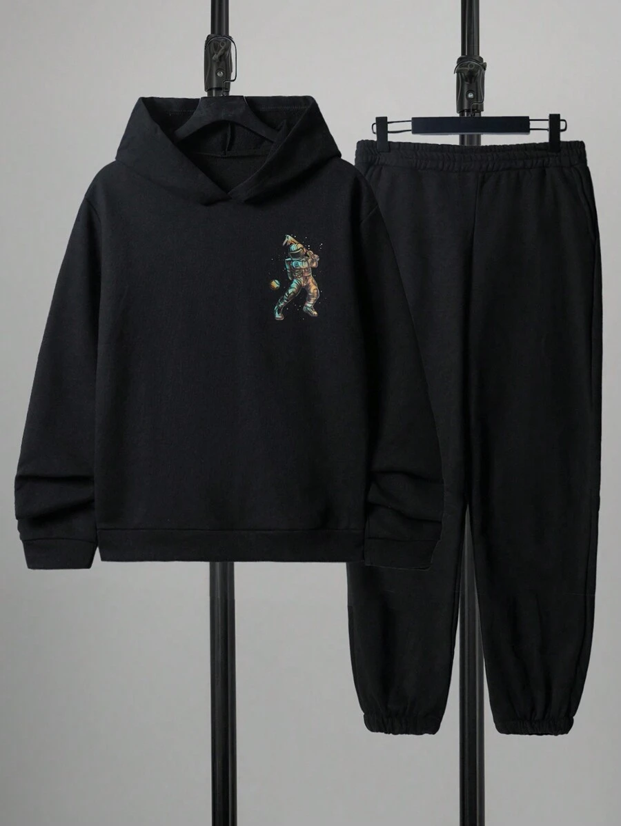 RueChic Men Astronaut Print Hoodie & Sweatpants - Black - View 1