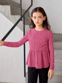 SHEIN 少女纯色长袖 T 恤，带荷叶边下摆 - 玫紅色 - 查看 3
