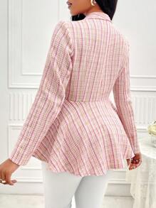 SHEIN Slayr Plaid Pattern Shawl Collar Peplum Hem Tweed Overcoat - Baby Pink - View 2