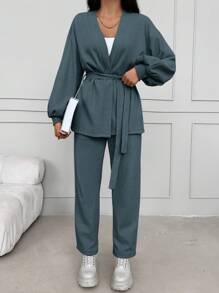 Cotton Top And Pants Set With Lantern Sleeve And Waist Belt Detail - Dusty Blue - View 4