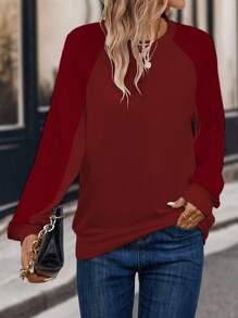 SHEIN LUNE Solid Raglan Sleeve Sweatshirt - Burgundy - View 5