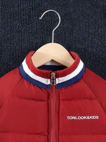 Young Boy Letter Embroidery Striped Trim Raglan Sleeve Puffer Jacket - Red - View 3