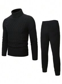 Manfinity Homme 男士麻花編織高領套頭毛衣和針織褲 - 黑色 - 查看 1