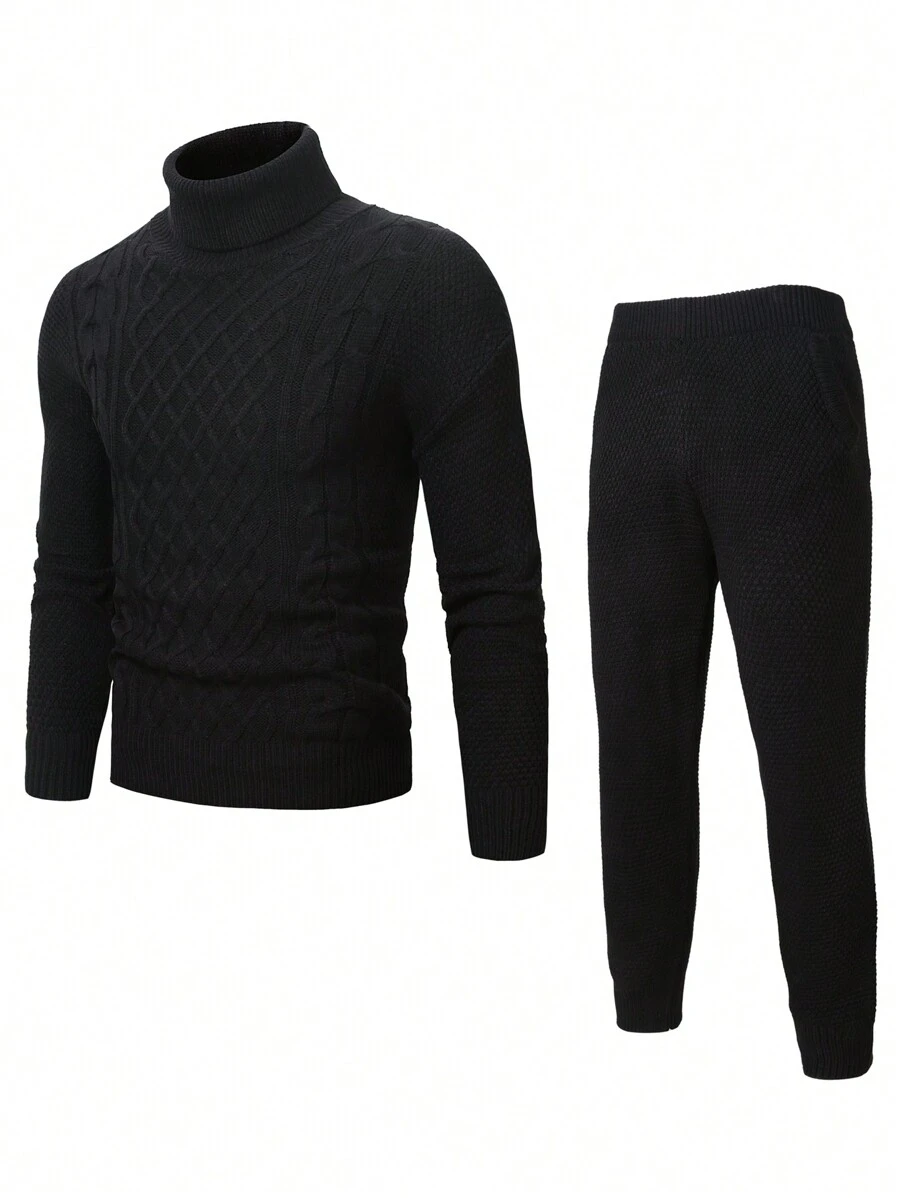 Manfinity Homme 男士麻花編織高領套頭毛衣和針織褲 - 黑色 - 查看 1