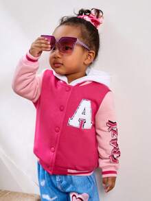 SHEIN Baby Girls' Casual Color Block Baseball Jacket With Thermal Lined - Pink - View 4