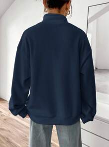 Women's Casual Raglan Sleeve Half Zip Sweatshirt, Loose Fit Funnel Neck Long Sleeve Navy Blue Pullover Hoodie, Spring/Autumn - Navy Blue - View 2