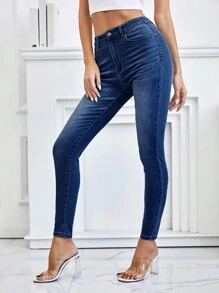 SHEIN Frenchy 拉鏈門襟,合身牛仔長款長褲 - 深色水洗藍 - 查看 5