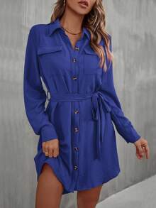 SHEIN LUNE Túi có nắp Thắt lưng Váy sơ mi - Màu xanh bụi bặm - Xem 5