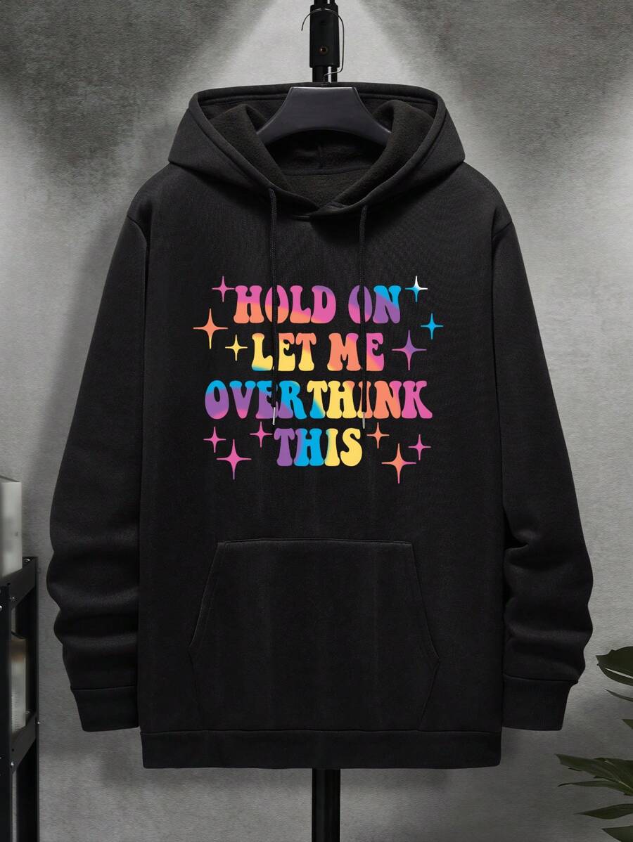 男士標語圖案袋鼠口袋抽繩保暖連帽衫 - 黑色 - 查看 1