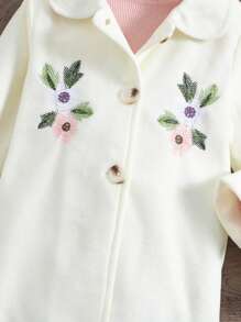 SHEIN Little Girls' Flower Embroidered Single-breasted Coat - White - View 4
