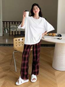 DAZY Solid Drop Shoulder White Tee & Plaid Pants Lounge Set Pajama