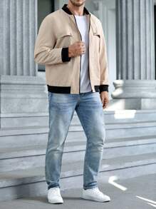 Manfinity VCAY 宽松版型男士加大码拉链长袖休闲飞行员夹克，适合秋冬 - 彩色 - 查看 6