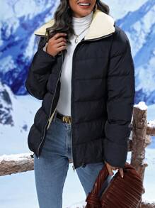SHEIN LUNE Women's Color Block Lapel Padded Padded Coat Clothes Winter - Black - View 5