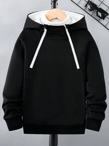 SHEIN Tween男孩連帽拉鍊設計運動衫 - 黑色 - 查看 1