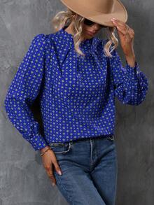 SHEIN Clasi 女士印花泡泡袖上衣 - 霧霾藍 - 查看 6