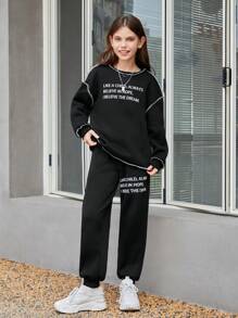 SHEIN 青少女羊毛衣,印花寬鬆圓領套頭衫和針織彈性腰帶運動長褲套裝 - 黑色 - 查看 3