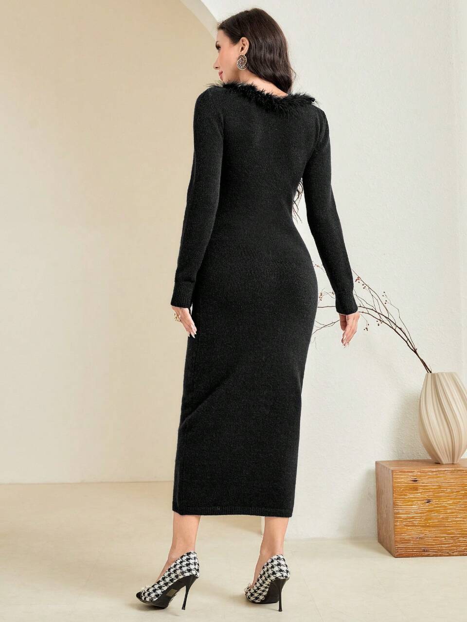 Knitted Dress With Patchwork And Button Decoration, Bodycon Style Fall Cloth For Women