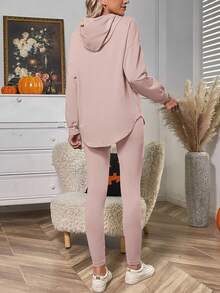 SHEIN LUNE 字母壓紋弧形下擺連帽衫和緊身褲 - 藕粉色 - 查看 2