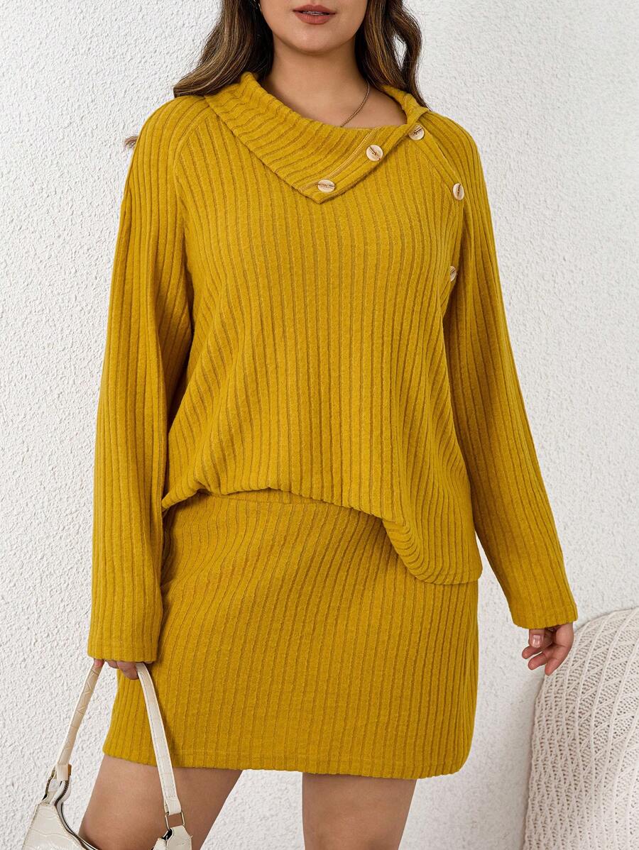SHEIN LUNE 大码女式不对称罗纹领 T 恤和裙子两件套 - 黃色 - 查看 1