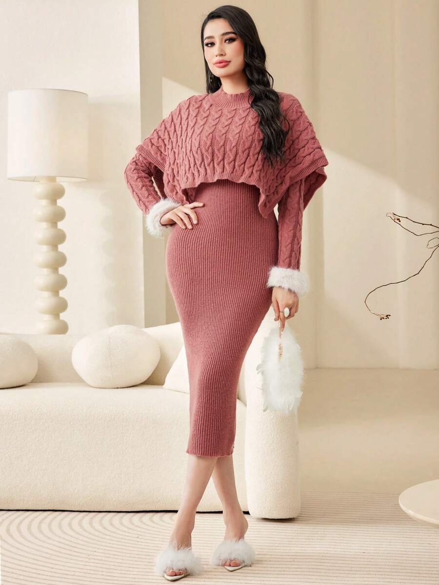 Modelyn Fuzzy Cuff Cable Knit Cape Sweater Dress - Dusty Pink - View 1