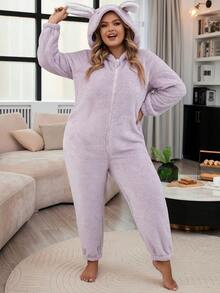 女士加大號3d兔耳朵連帽柔軟睡衣連體褲,帶拉鍊前開口 - 淡紫色 - 查看 4