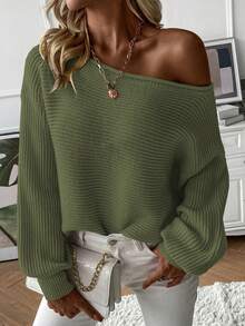 SHEIN Essnce Cổ thuyền tay cánh Áo len - xanh quân đội - Xem 5