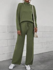 SHEIN Essnce Turtleneck Drop Shoulder Sweater & Knit Pants - Green - View 5