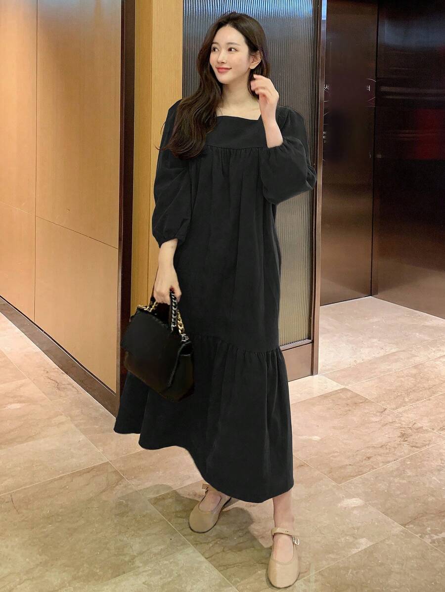 DAZY Solid Square Neck Ruffle Hem Smock Dress