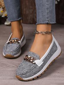 New Spring Autumn Fashionable Plus Size Color Block Flat Loafers With Metal Chain Detail For Women's Casual & Sports Wear