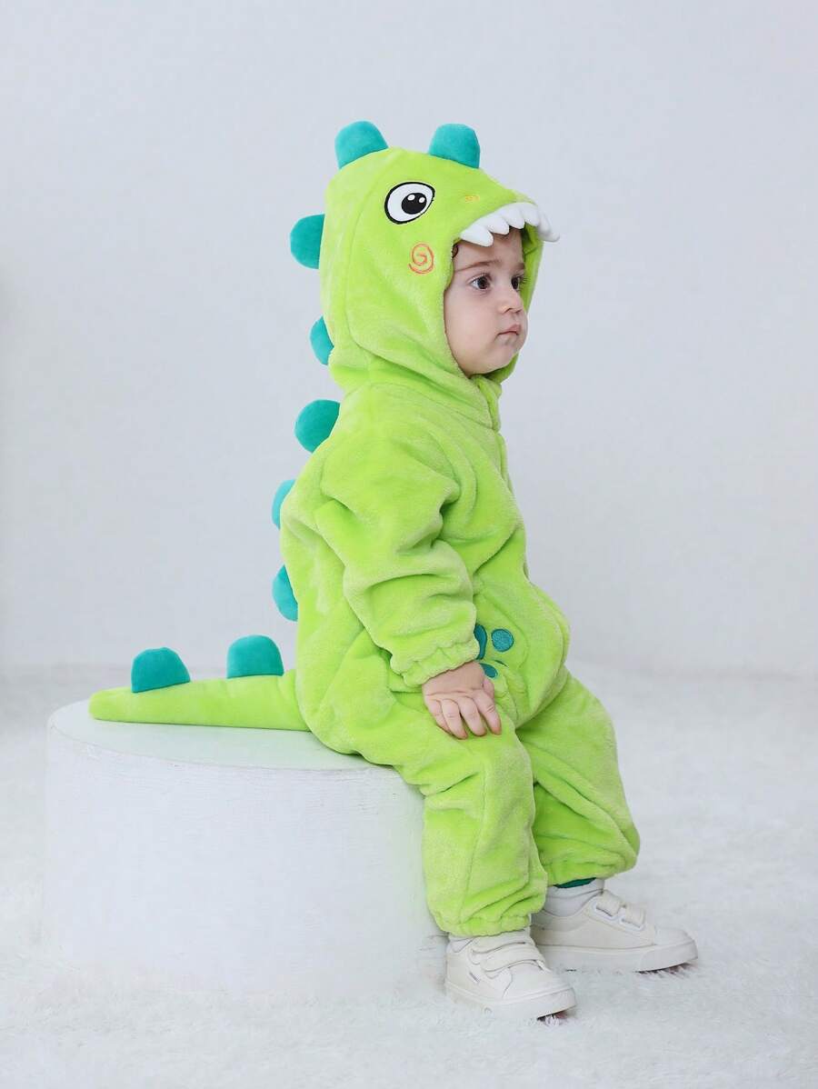 SHEIN Playful Pals Baby Boy Cartoon Dinosaur Design Hooded Plush Jumpsuit