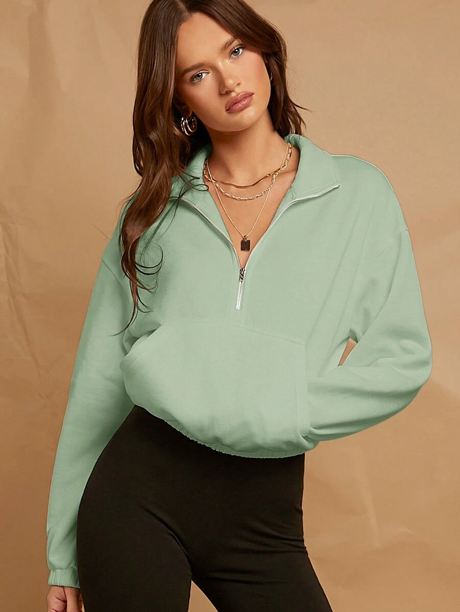 SHEIN EZwear Half Zip Drop Shoulder Sweatshirt - Mint Green - View 1