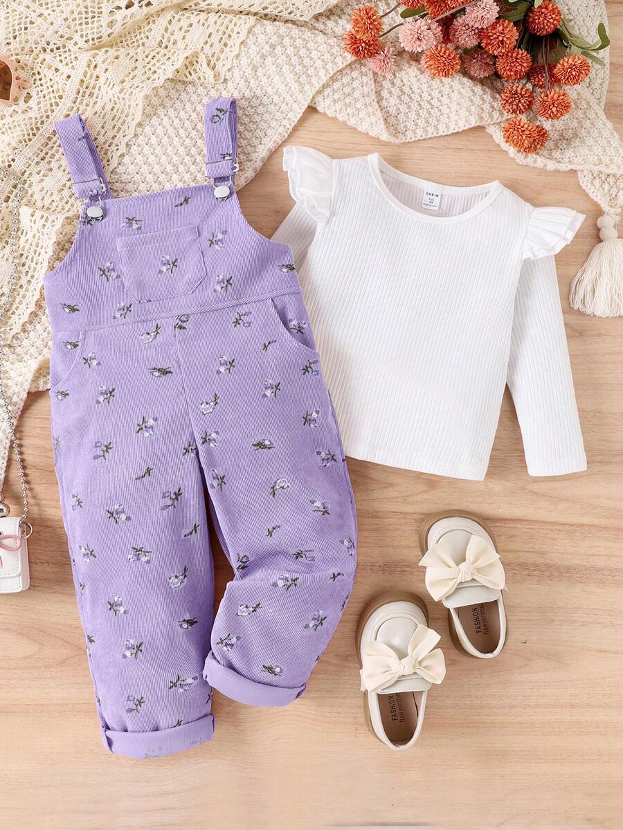 Young Girl Ruffle Trim Tee & Ditsy Floral Print Overall Jumpsuit - Purple - View 1