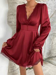 SHEIN Privé Ren tương phản Sâu v cổ Tay áo lồng đèn Đầm - Đỏ - Xem 5