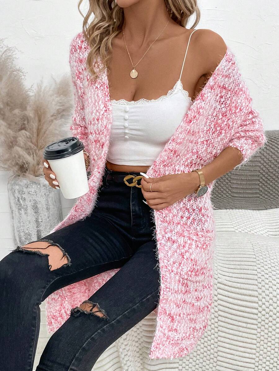 SHEIN LUNE Marled Knit Drop Shoulder Duster Cardigan - Red - View 1