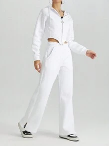 RueChic Zip Up Asymmetrical Hem Drawstring Hoodie & Wide Leg Pants - White - View 4