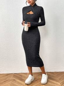 SHEIN Unity 交叉圍裹領前鏤空緊身洋裝 - 深灰色 - 查看 1